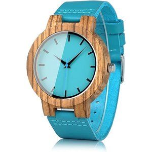 Mens Womens Wood Watch Blue Face Anlaogue Display Bamboo Watches  Leather Strap
